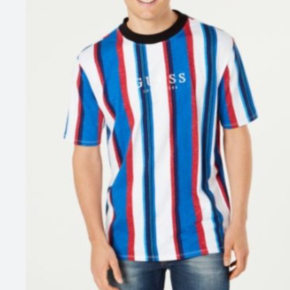 VGC Guess Red White and Blue Vertical Striped T-Shirt - Size Small